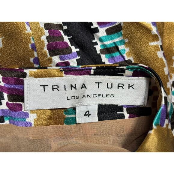 Trina Turk Dress Womens 4 Multicolor Black Gold Silk Sheath Made in USA Lined - Picture 3 of 6
